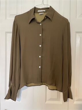 Olive Brown Button-Down Blouse - Women's Top sz L Silk classic career neutral